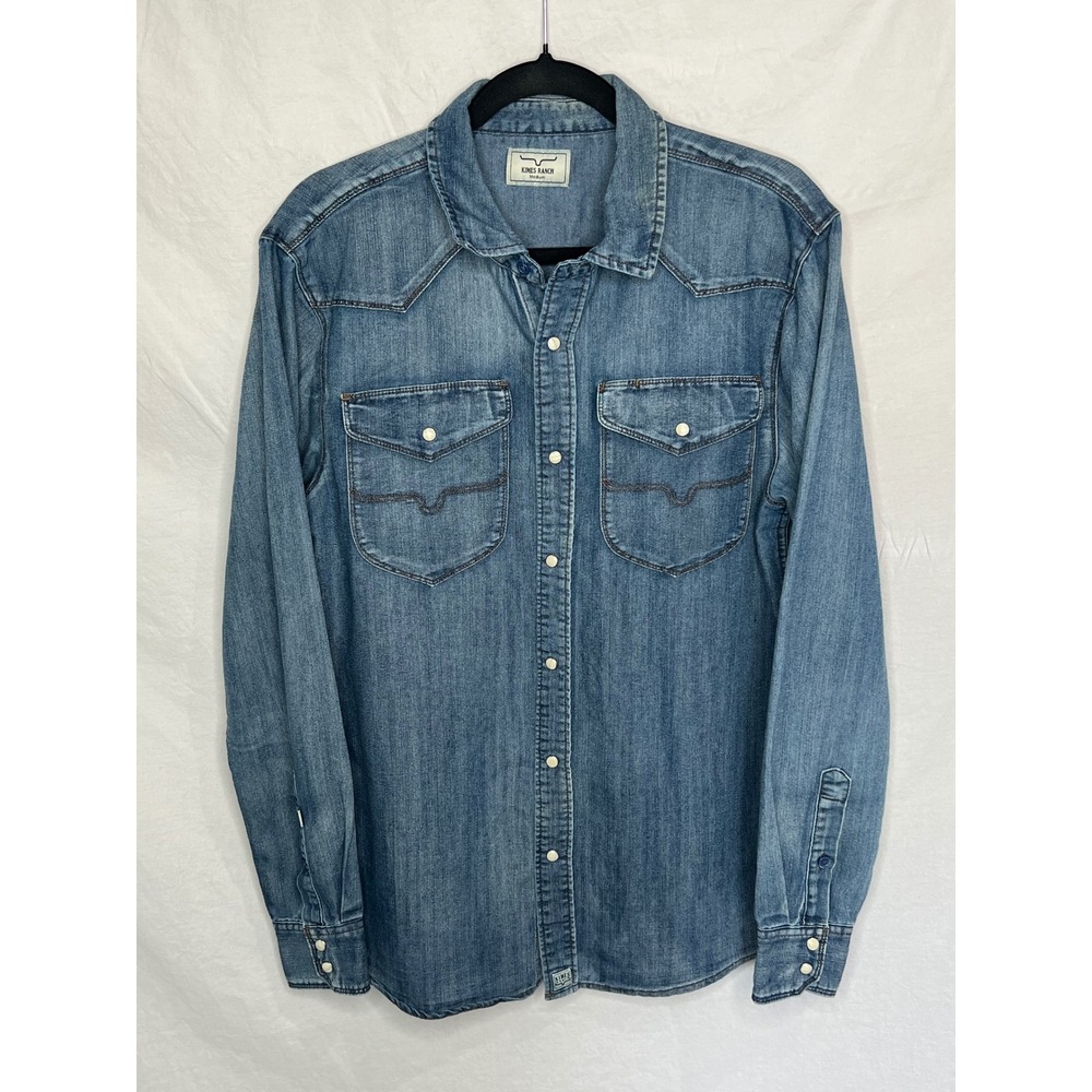 Kimes Ranch Pearl Snap Denim Blue Shirt Mens M Western Cowboy Ranchwear Long Slv